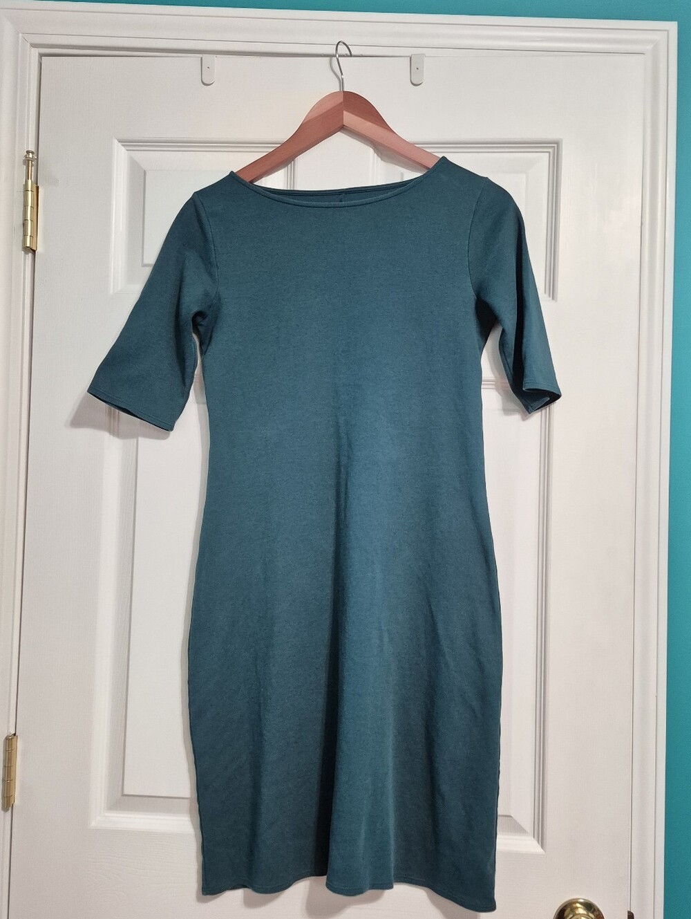 Fair Indigo 100% Organic Pima Cotton Half Sleeve Boat Neck Dress - Peacock Teal - Picture 4 of 10